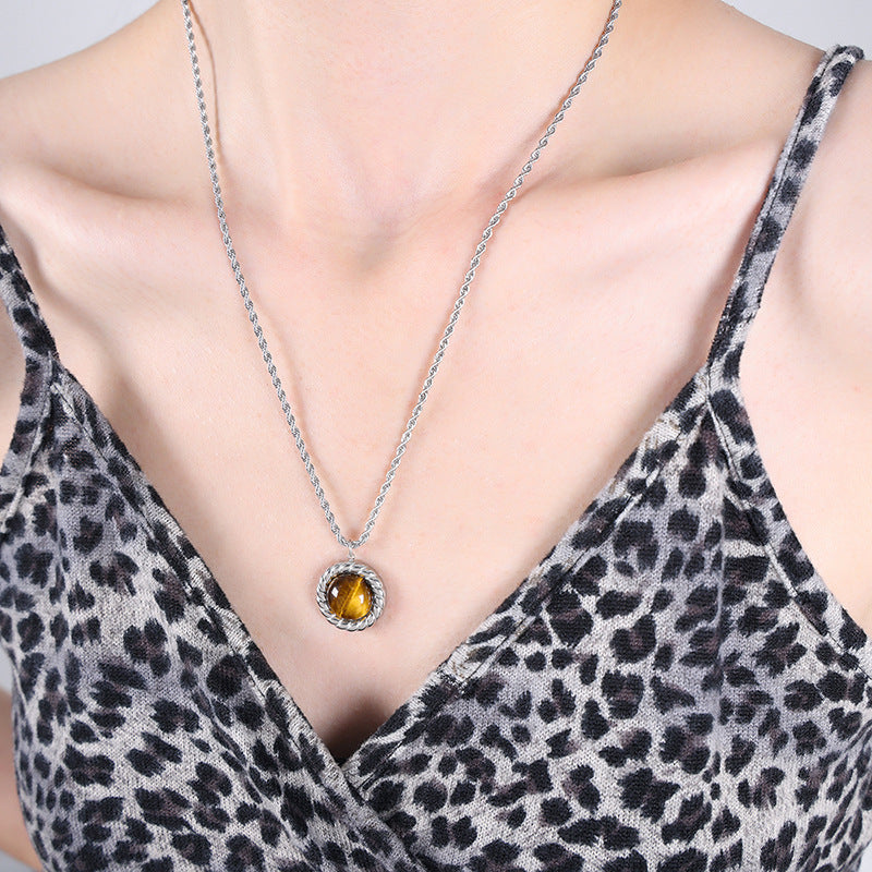 Round Tiger Eye Stone Pendant Necklace Earrings Jewelry Suit