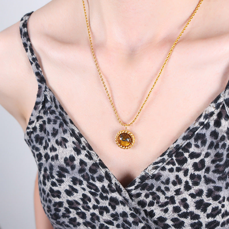 Round Tiger Eye Stone Pendant Necklace Earrings Jewelry Suit
