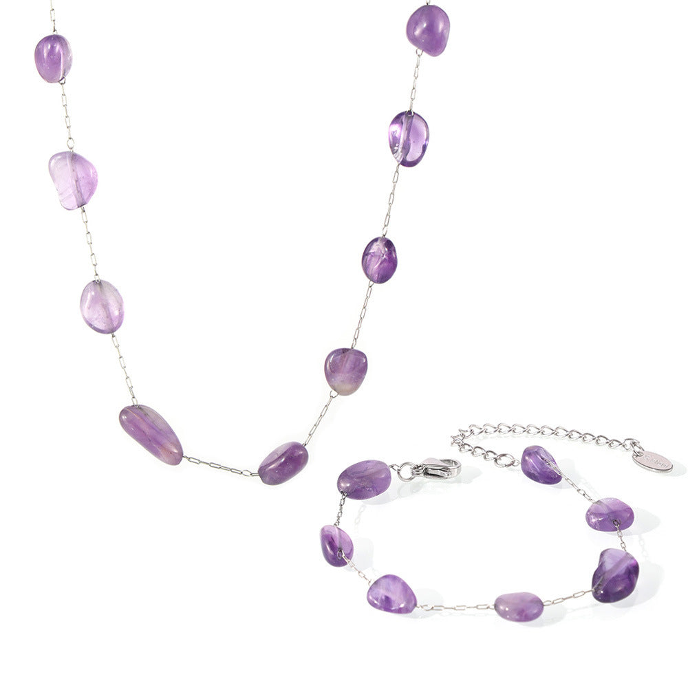Stainless Steel Purple Natural Stone Beaded Necklace Bracelet Jewelry Suit