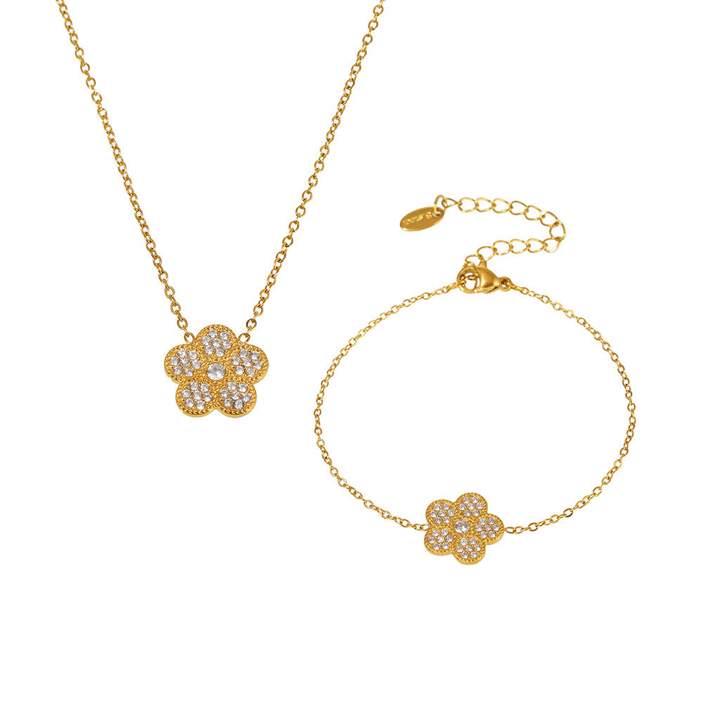 Plum Blossom Inlay Cubic Zirconia Necklace Bracelet Jewelry Suit