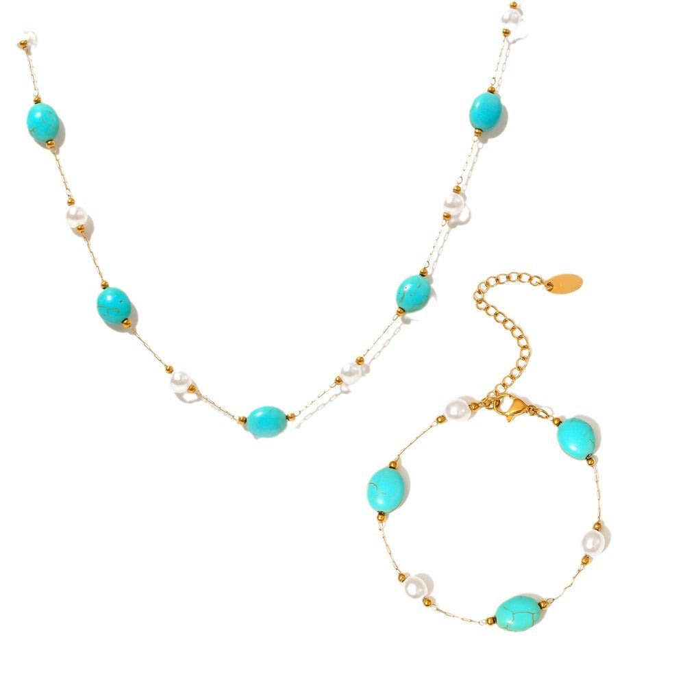Natural Blue Turquoise Imitation Pearl Beaded Necklace Bracelet Jewelry Suit