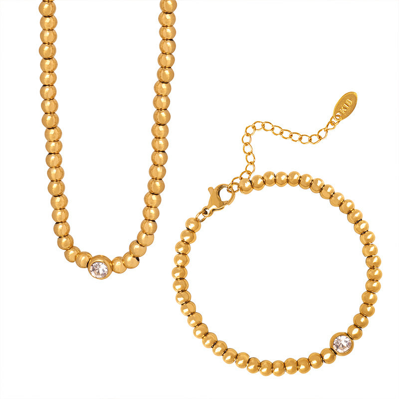 18K Gold PVD Round Bead Necklace Bracelet Jewelry Suit
