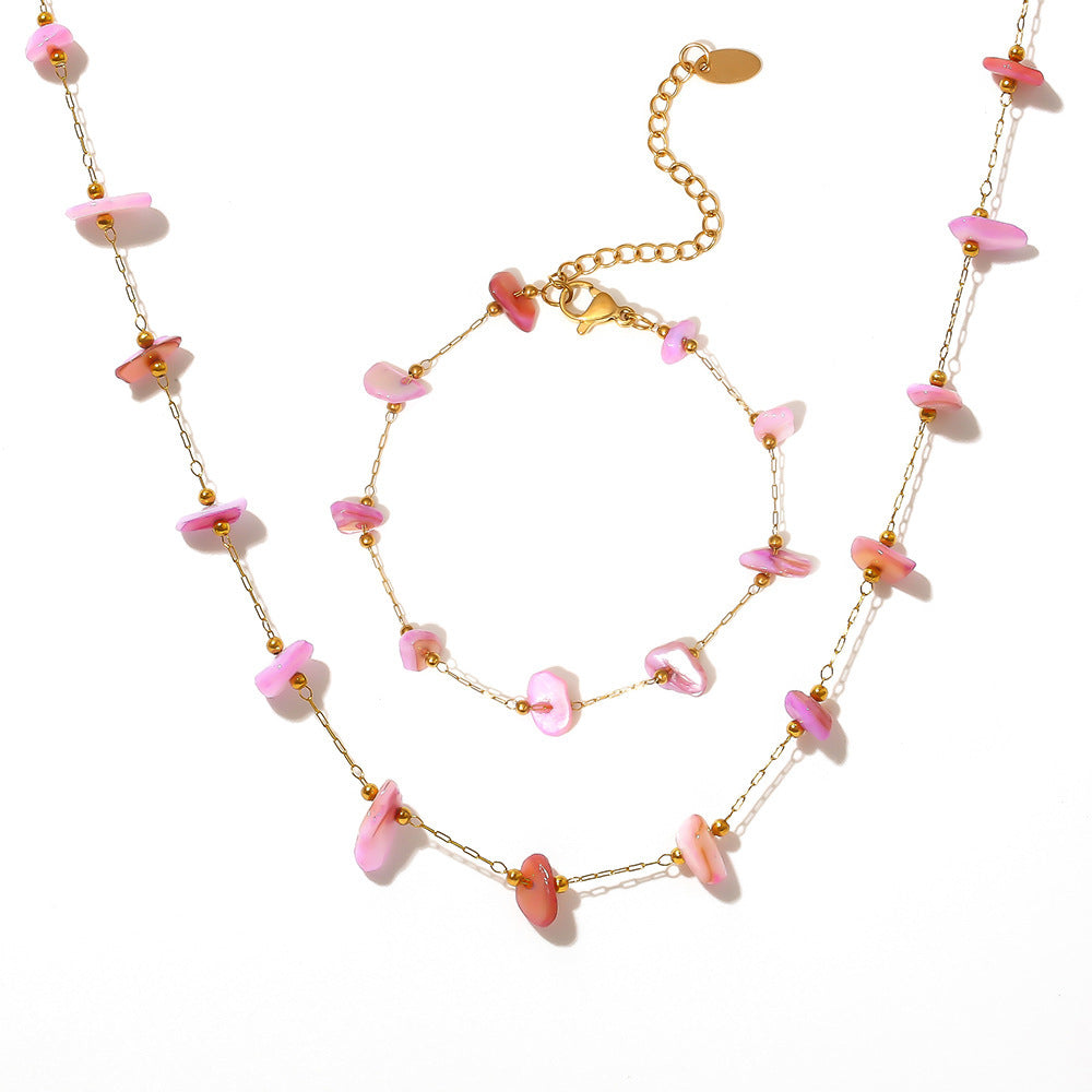 Pink Purple Natural Stone Beaded Necklace Bracelet Jewelry Suit