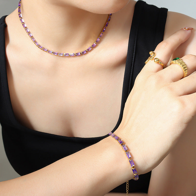 Stainless Steel Cubic Zirconia Necklace Bracelet Jewelry Suit