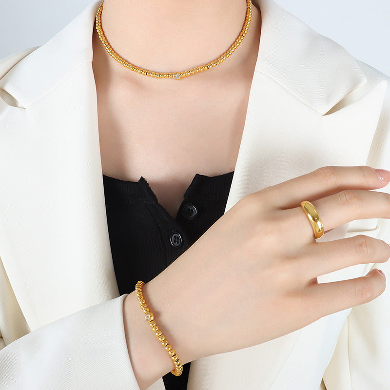 18K Gold PVD Round Bead Necklace Bracelet Jewelry Suit