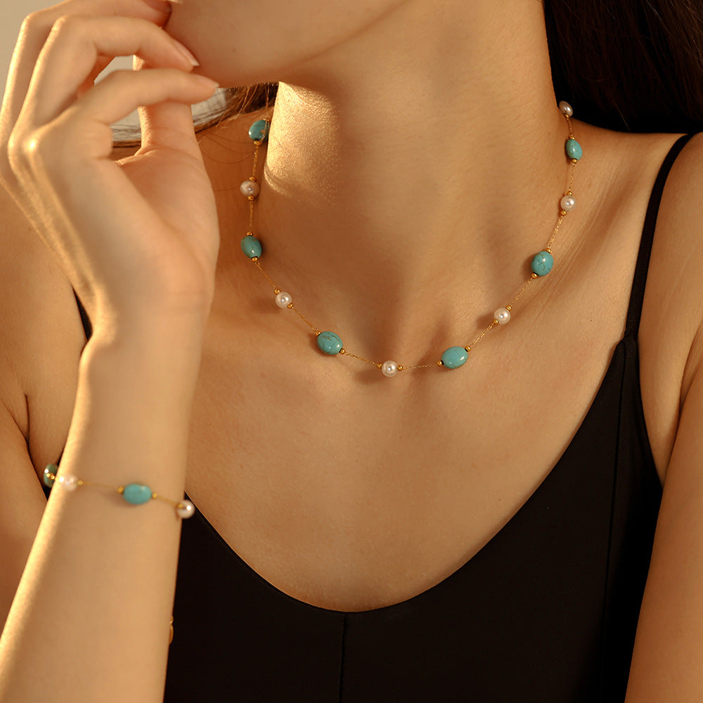 Natural Blue Turquoise Imitation Pearl Beaded Necklace Bracelet Jewelry Suit