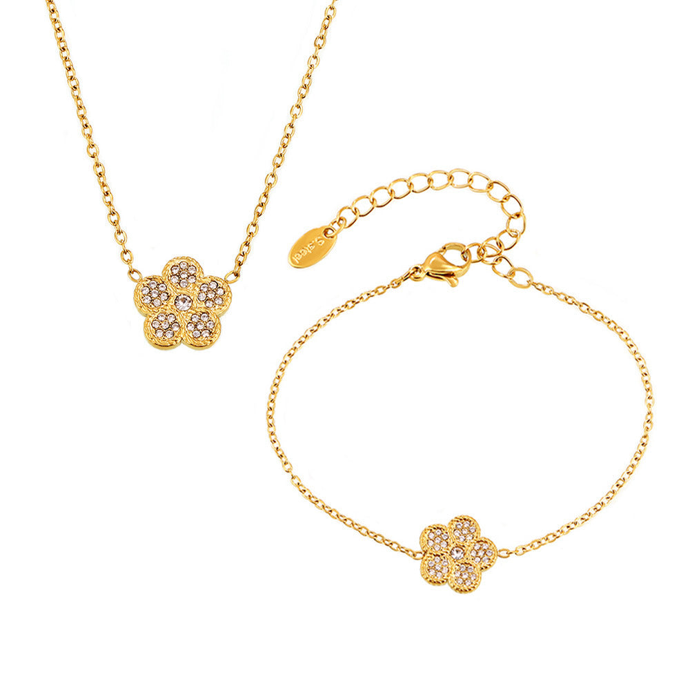 Five-leaf Flower Inlay Cubic Zirconia Bracelet Double Layer Necklace Jewelry Suit