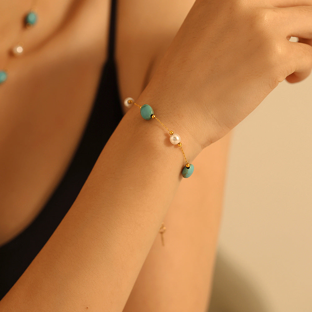 Natural Blue Turquoise Imitation Pearl Beaded Necklace Bracelet Jewelry Suit