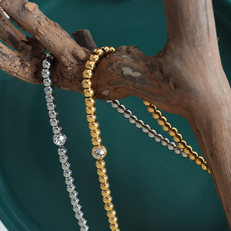 18K Gold PVD Round Bead Necklace Bracelet Jewelry Suit