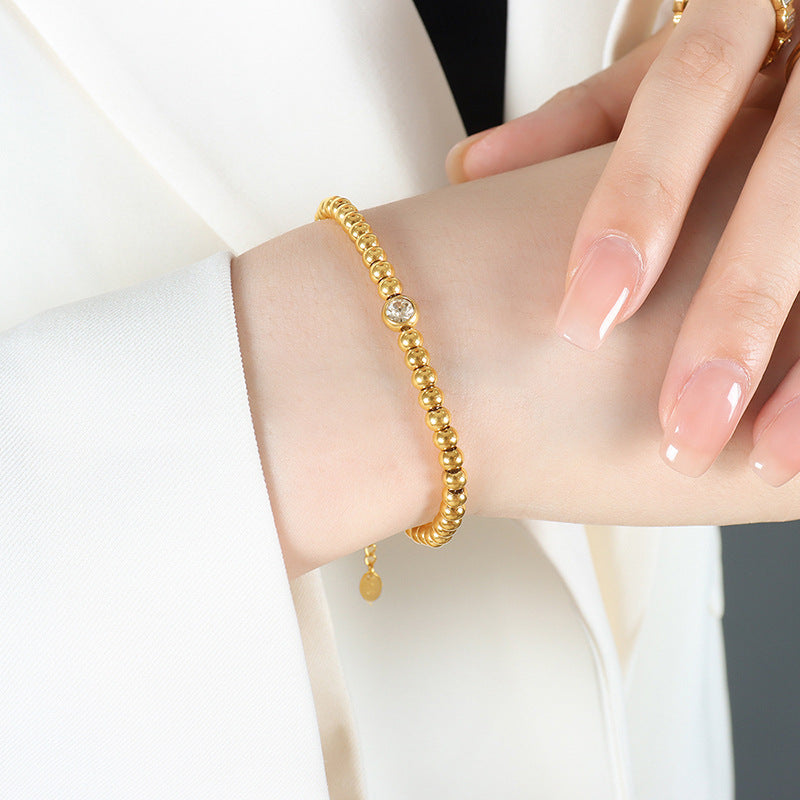 18K Gold PVD Round Bead Necklace Bracelet Jewelry Suit