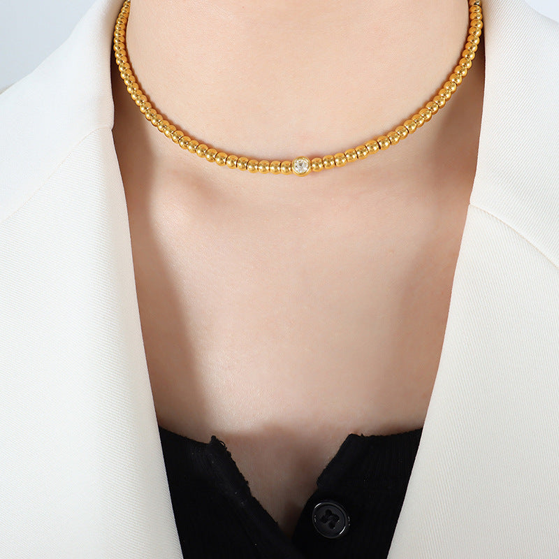 18K Gold PVD Round Bead Necklace Bracelet Jewelry Suit