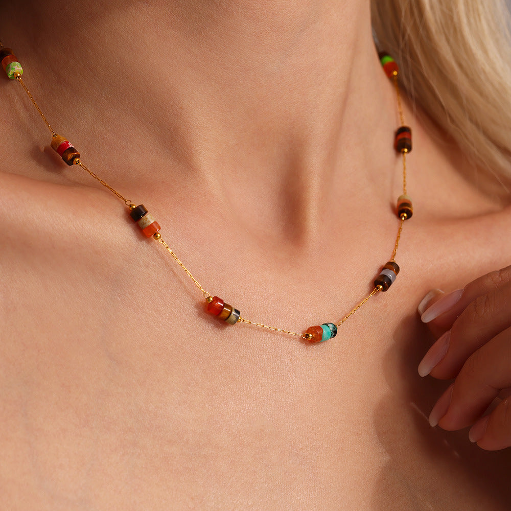 Cylindrical Natural Stone Bracelet Necklace Jewelry Suit