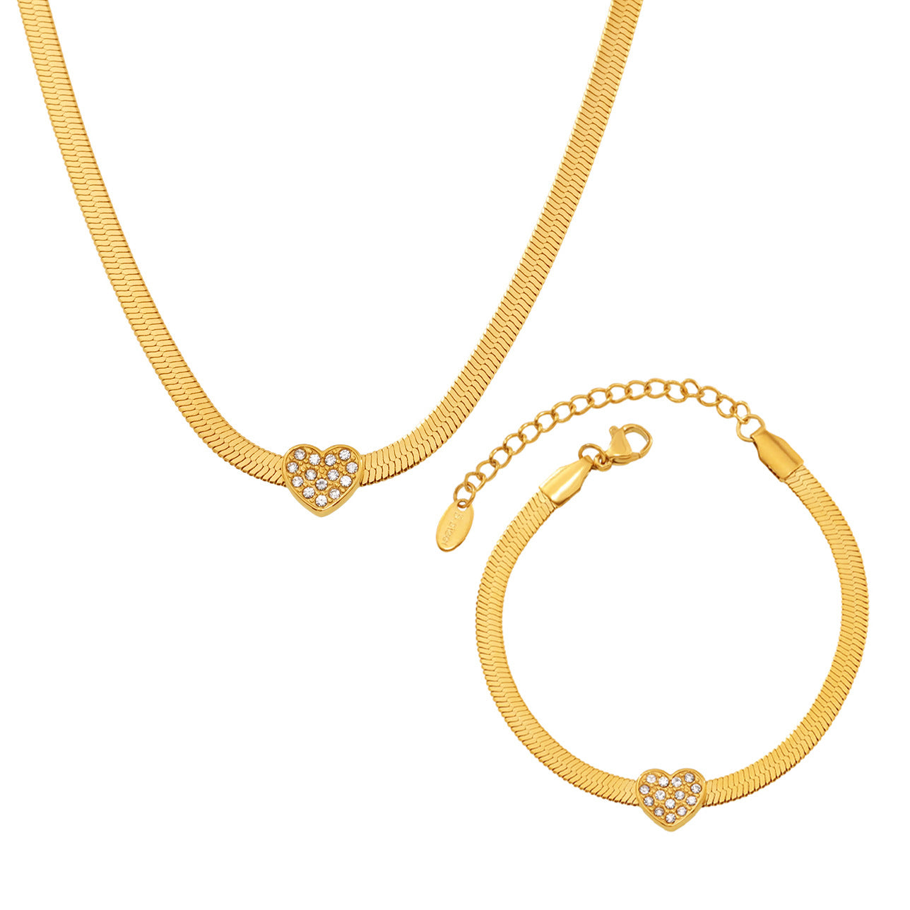 Heart Cubic Zirconia Snake Chain Necklace Bracelet Jewelry Suit