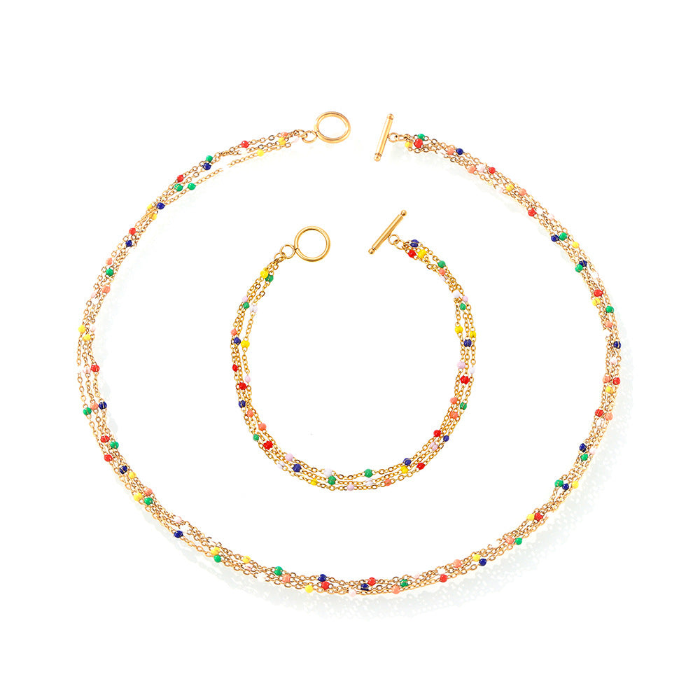 Bohemian Style Multi-layer Chain Glazed Beaded Necklace Bracelet Jewelry Suit