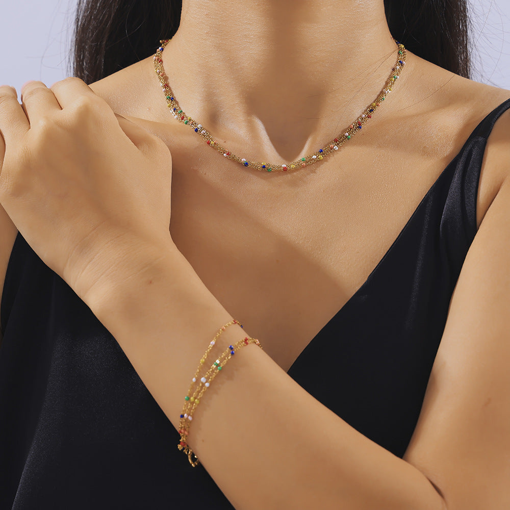Bohemian Style Multi-layer Chain Glazed Beaded Necklace Bracelet Jewelry Suit