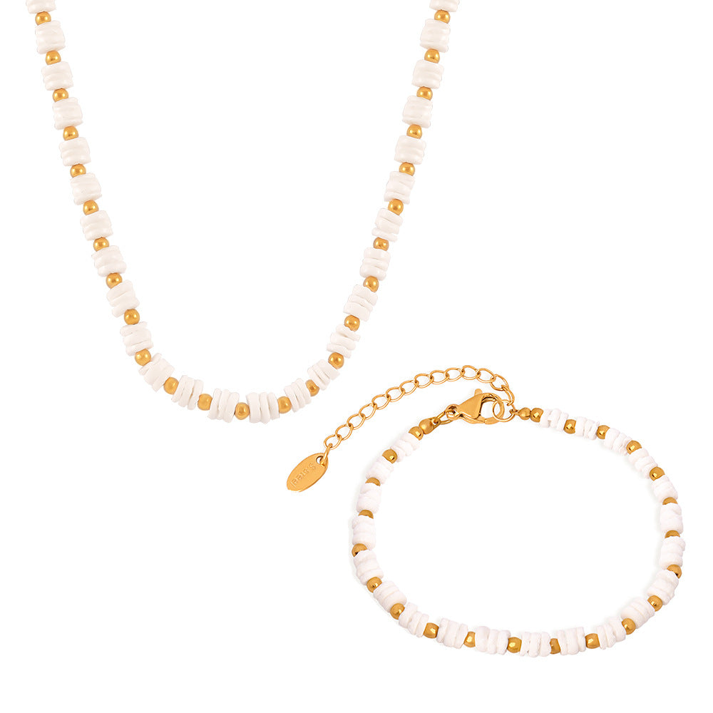White Mother of Pearl Beaded Necklace Bracelet Jewelry Suit
