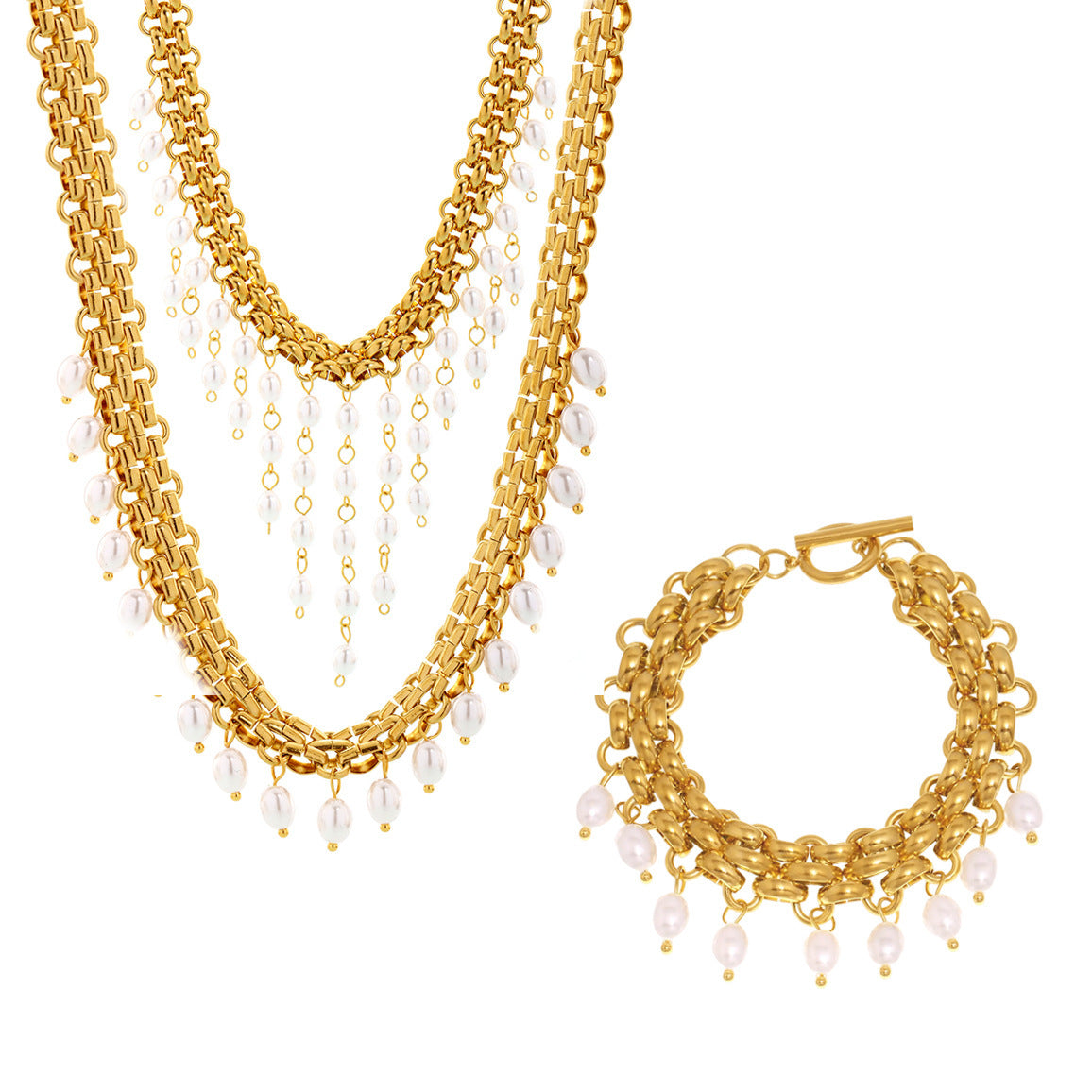 Stainless Steel Chain Imitation Pearl Tassel Multi-layer Necklace Bracelet Jewelry Suit