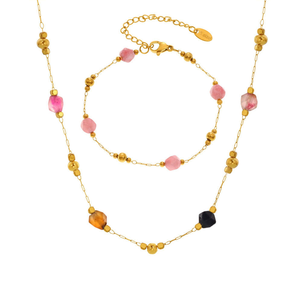 Stainless Steel Agate Beaded Chain Necklace Bracelet Jewelry Suit