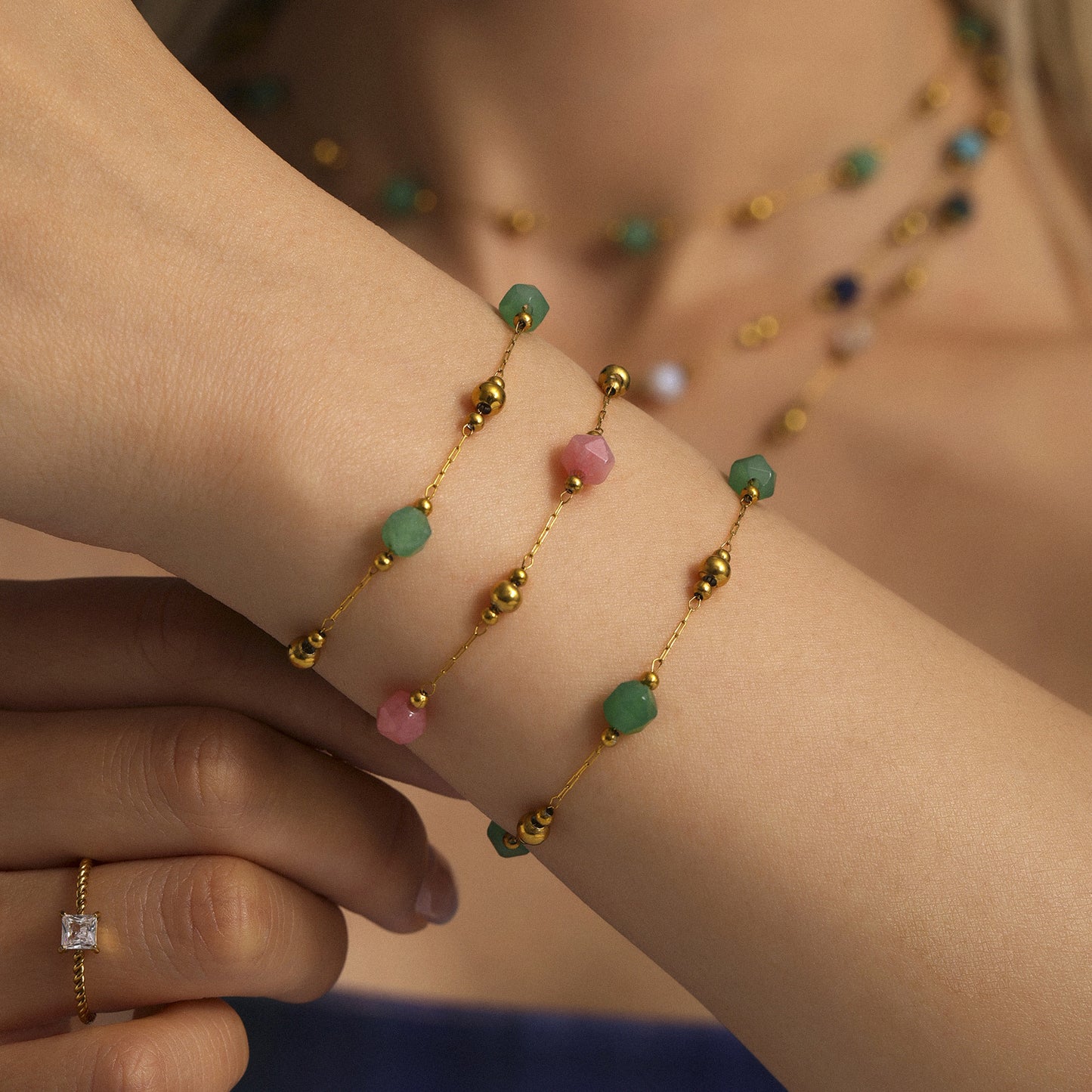 Stainless Steel Agate Beaded Chain Necklace Bracelet Jewelry Suit