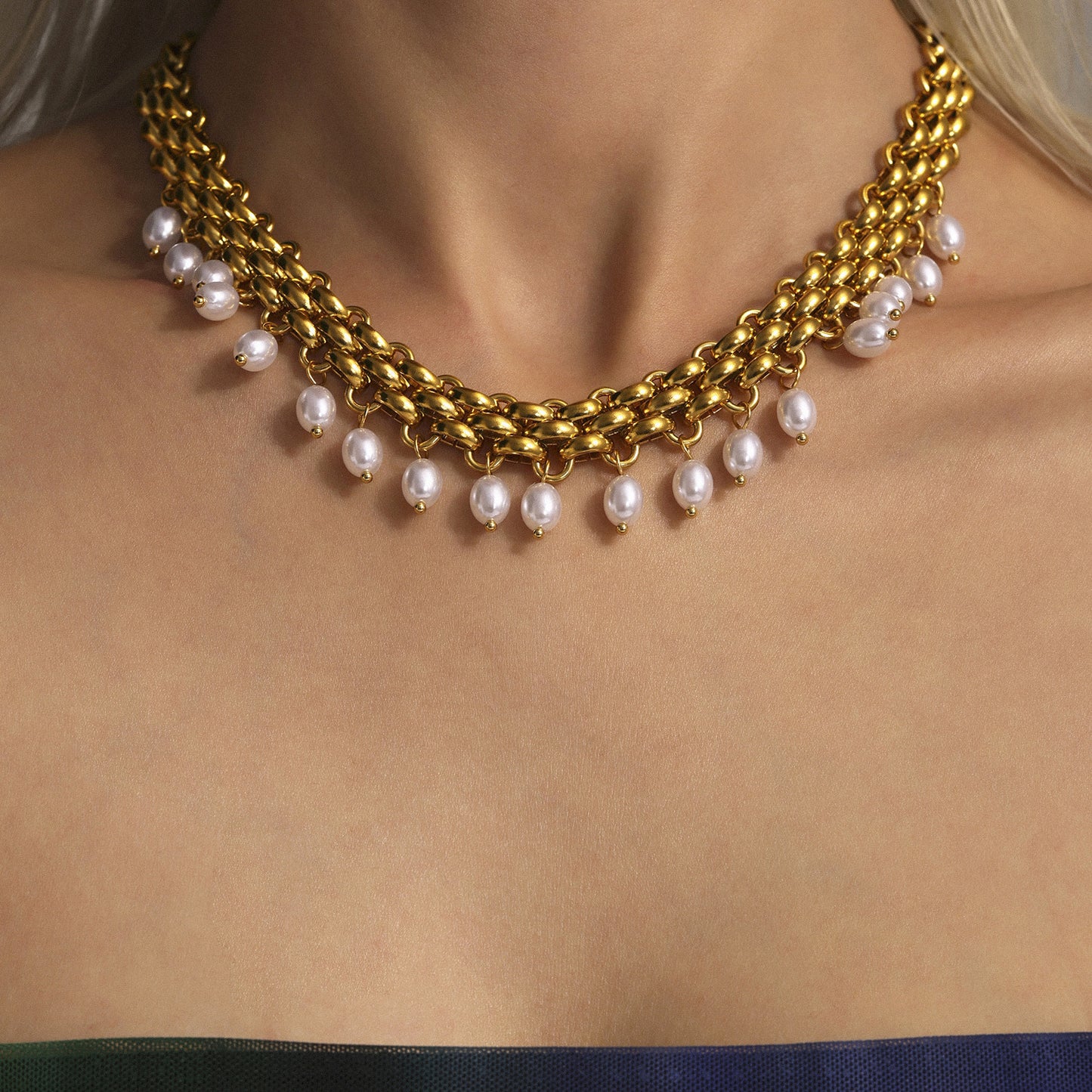 Stainless Steel Chain Imitation Pearl Tassel Multi-layer Necklace Bracelet Jewelry Suit
