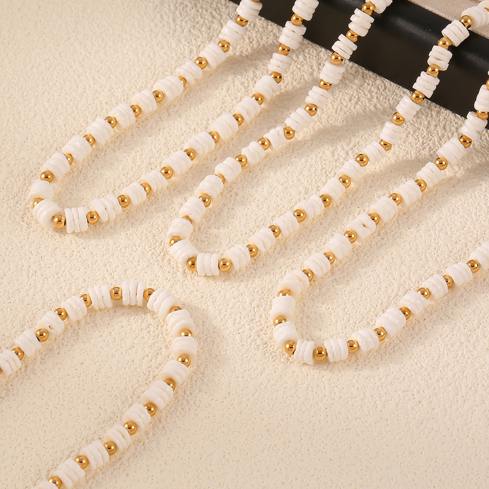 White Mother of Pearl Beaded Necklace Bracelet Jewelry Suit