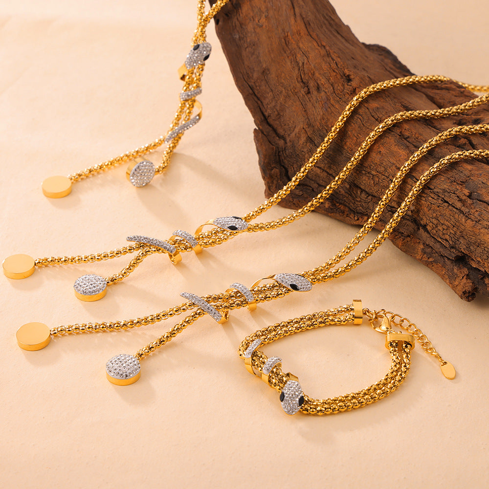 Snake Wrap Lariat Necklace Double Chain Bracelet Jewelry Suit