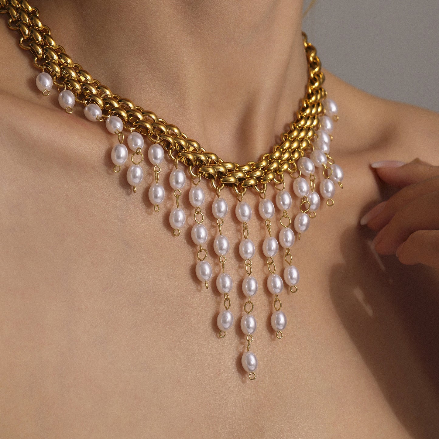 Stainless Steel Chain Imitation Pearl Tassel Multi-layer Necklace Bracelet Jewelry Suit