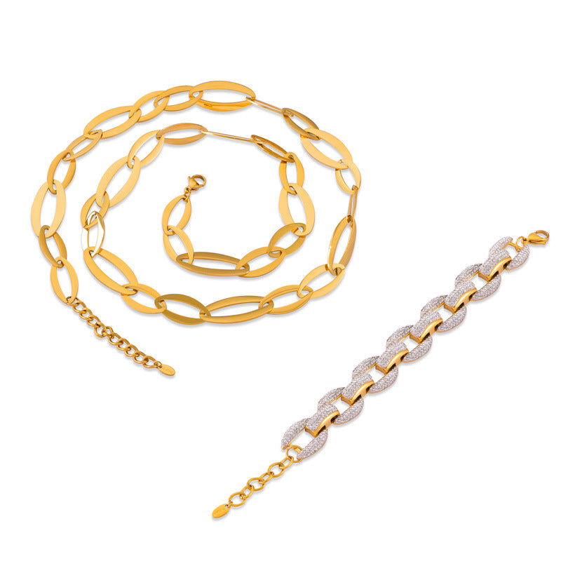 Stainless Steel Link Chain Necklace Czech Diamond Bracelet Jewelry Suit
