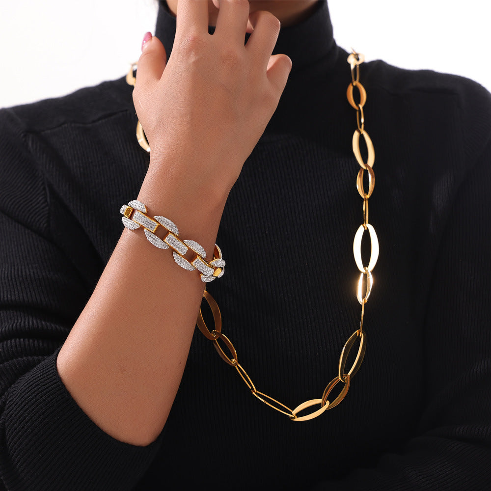Stainless Steel Link Chain Necklace Czech Diamond Bracelet Jewelry Suit