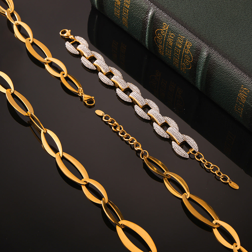 Stainless Steel Link Chain Necklace Czech Diamond Bracelet Jewelry Suit