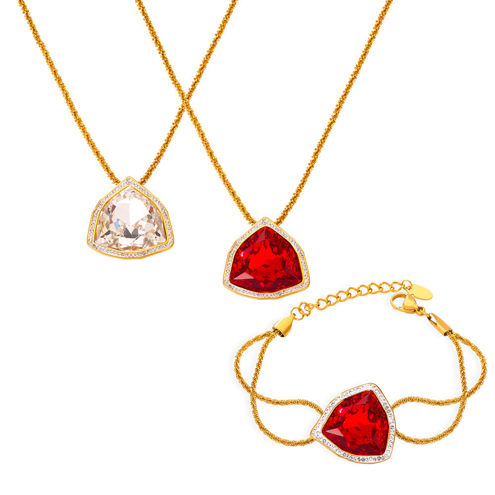 Geometric Pendant Inlay Glass Zirconia Necklace Bracelet Jewelry Suit