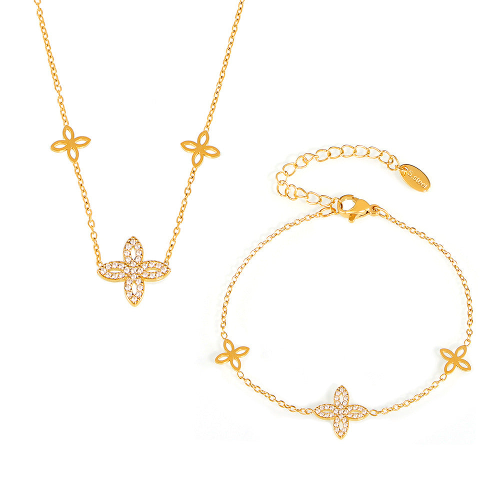 Four-leaf Clover Inlay Cubic Zirconia Stackable Necklace Bracelet Jewelry Suit