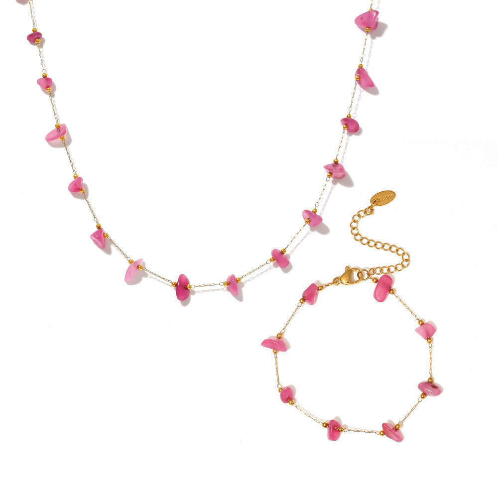 Pink Natural Stone Beaded Necklace Bracelet Jewelry Suit
