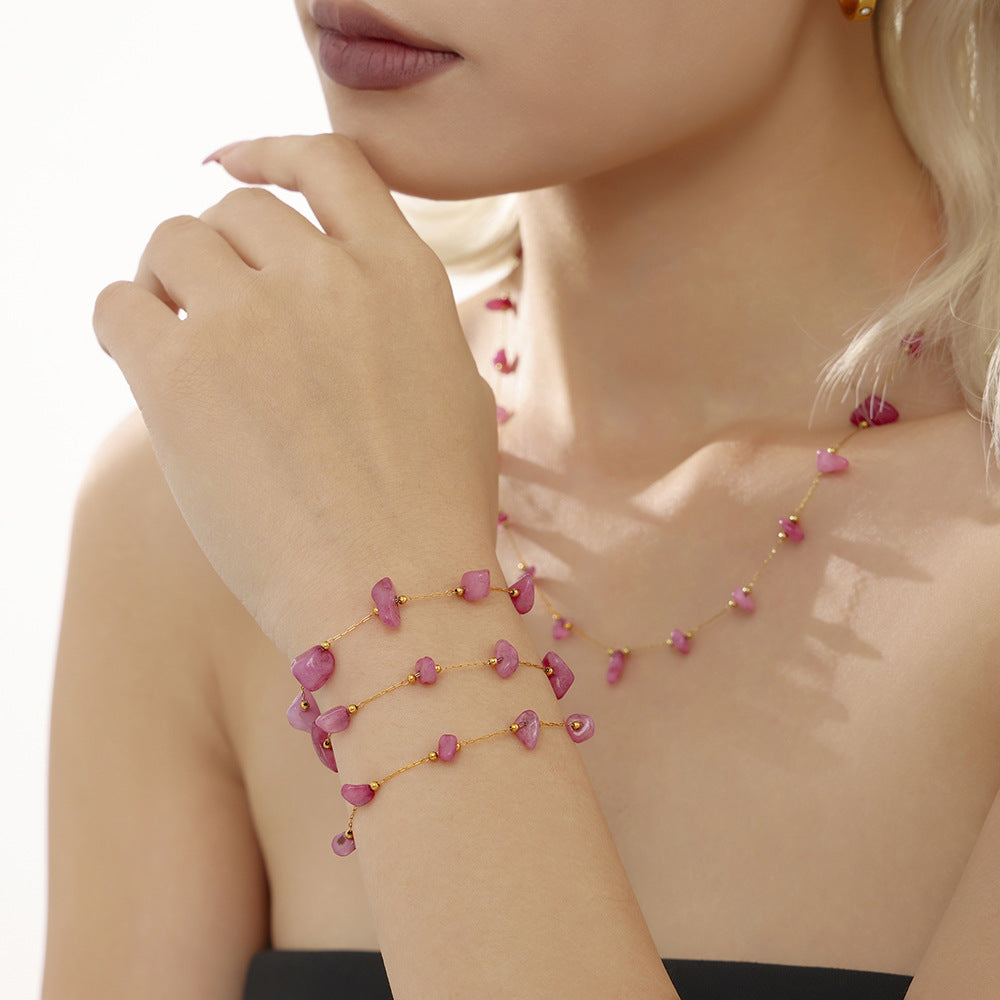 Pink Natural Stone Beaded Necklace Bracelet Jewelry Suit
