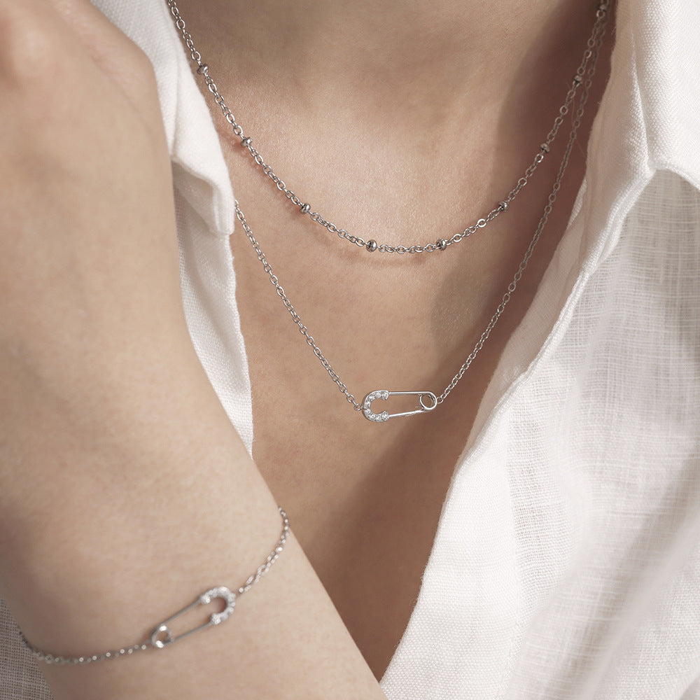 Pin Inlay Cubic Zirconia Pendant Stainless Steel Necklace Bracelet Jewelry Suit