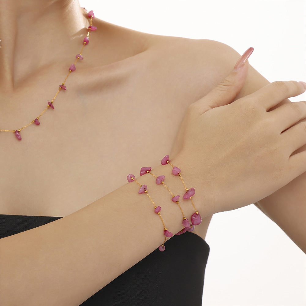 Pink Natural Stone Beaded Necklace Bracelet Jewelry Suit