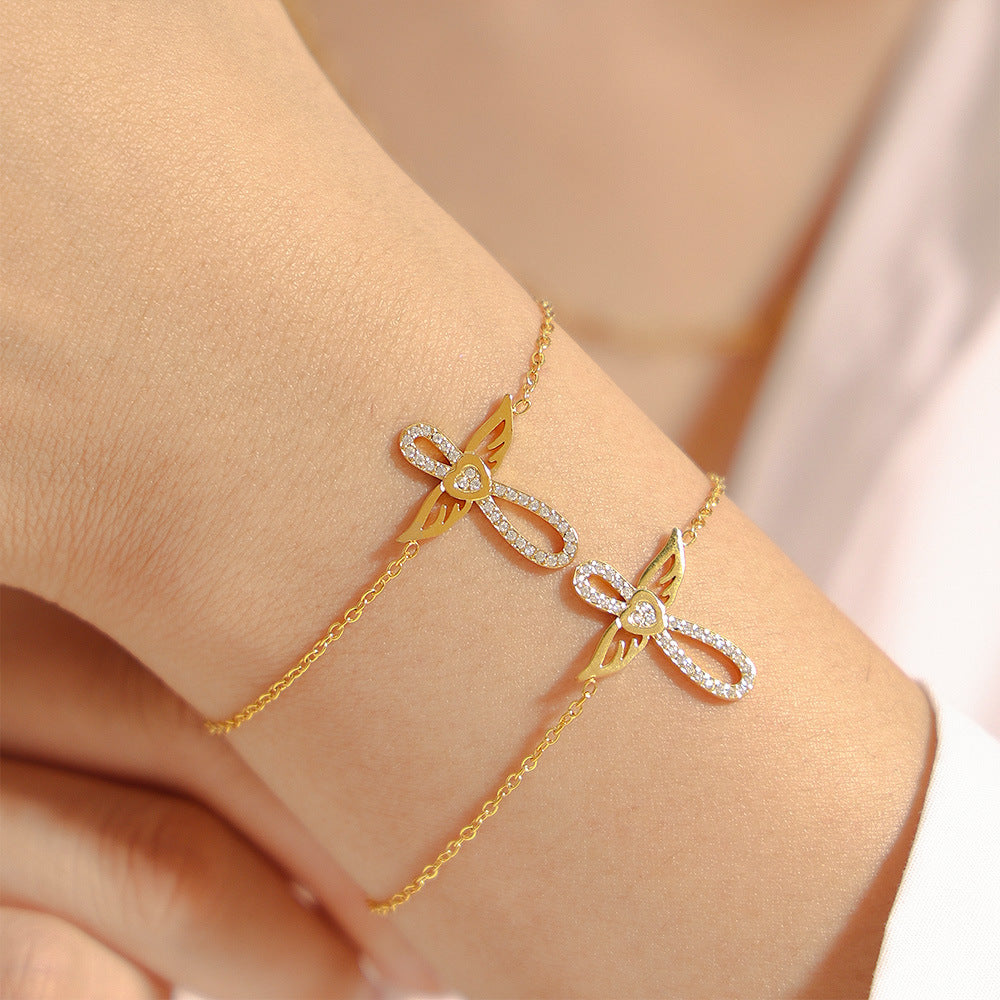 Angel Wings Inlay Cubic Zirconia Pendant Necklace Bracelet Jewelry Suit