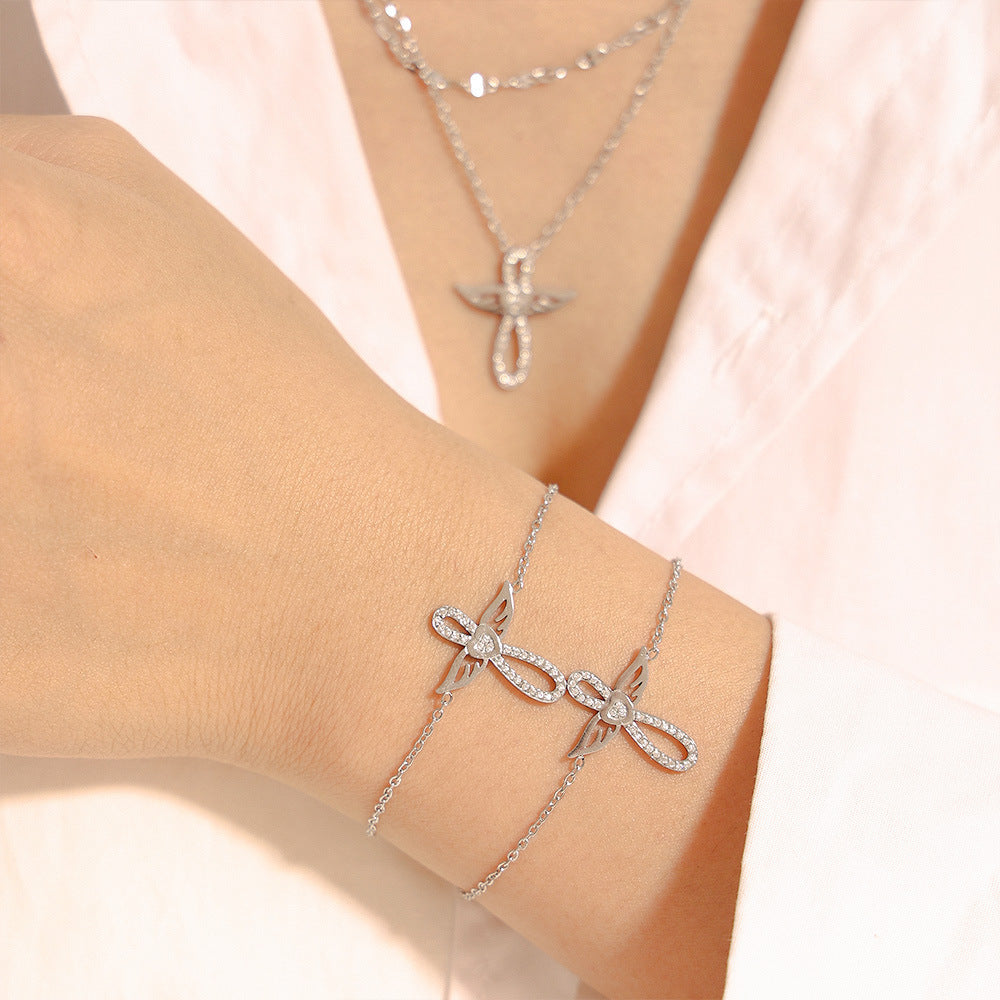 Angel Wings Inlay Cubic Zirconia Pendant Necklace Bracelet Jewelry Suit