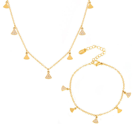 Triangle Inlay Cubic Zirconia Charm Necklace Bracelet Jewelry Suit