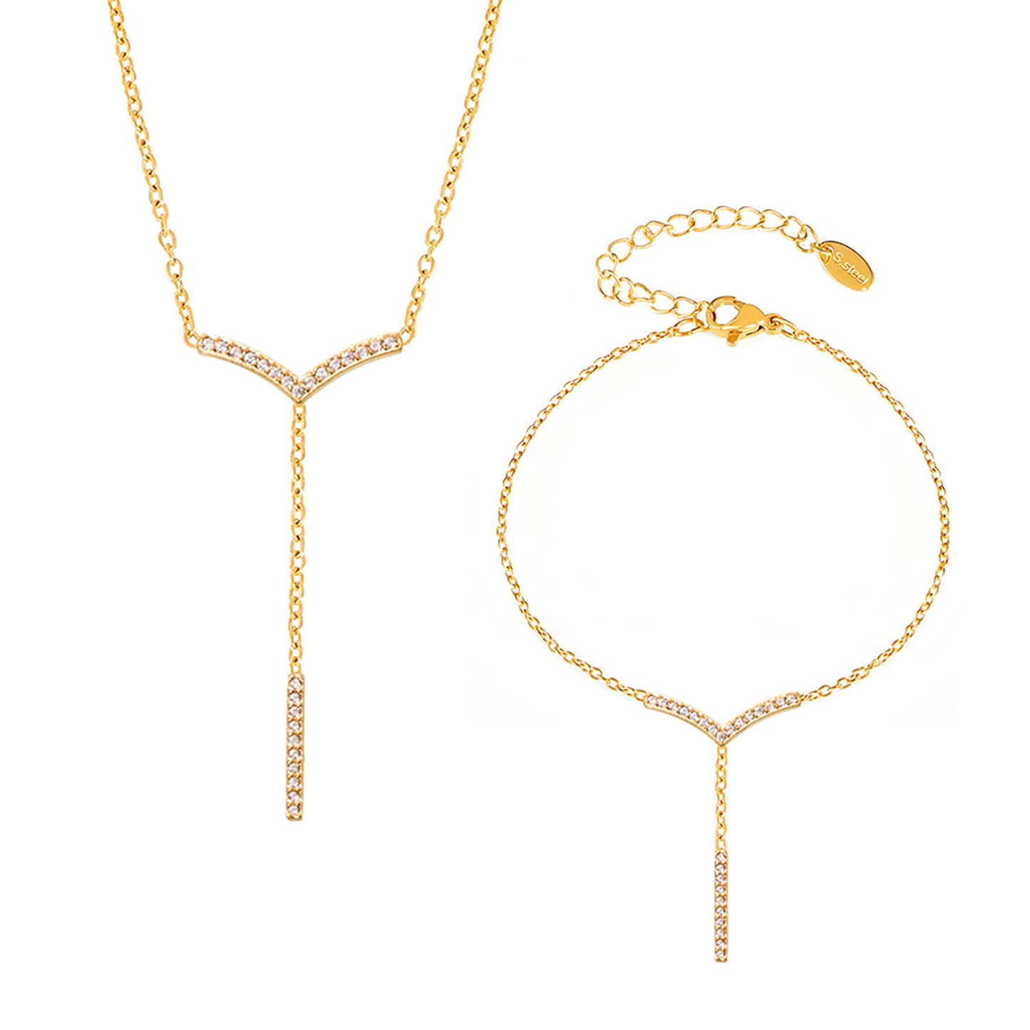Stainless Steel V-shaped Tassel Inlay Cubic Zirconia Necklace Bracelet