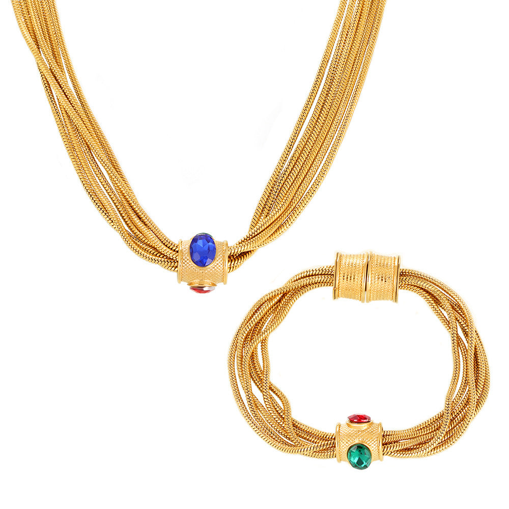 Multi-layer Chain Rhinestone Necklace Bracelet Jewelry Suit