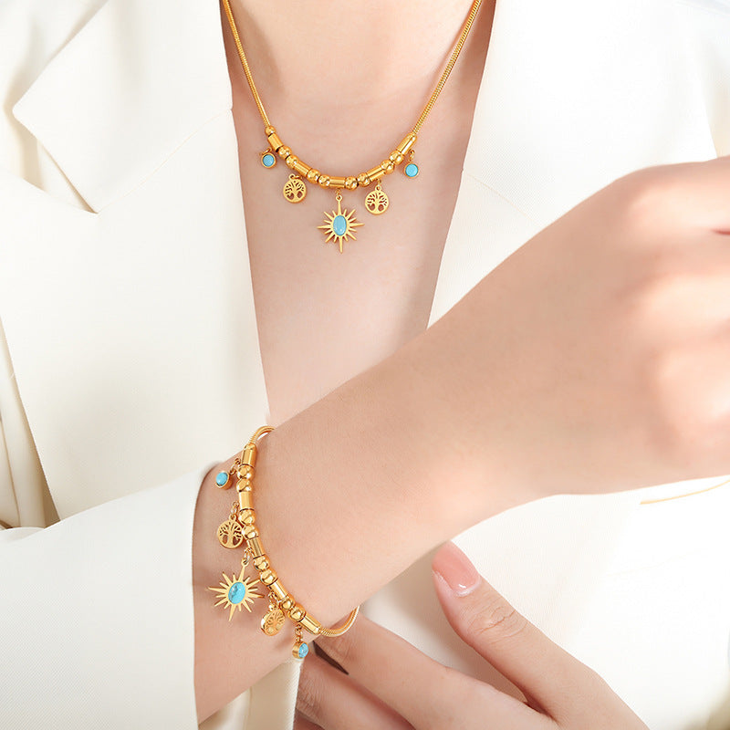 Stainless Steel Sun Tree Pattern Pendant Necklace Bracelet Jewelry Suit