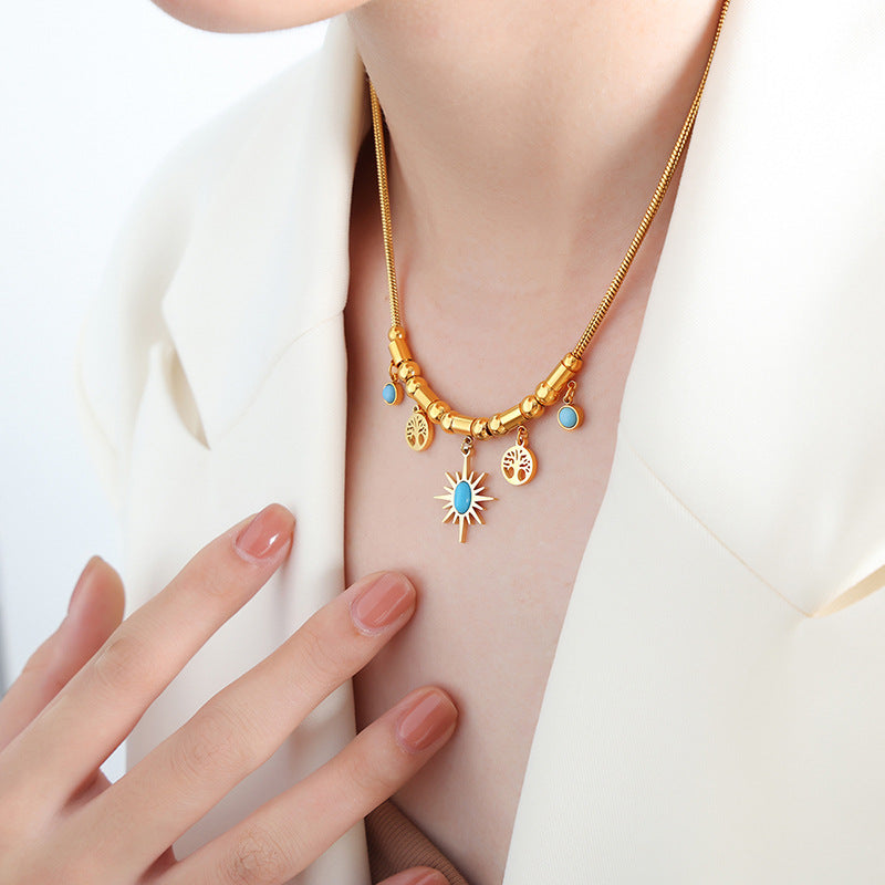 Stainless Steel Sun Tree Pattern Pendant Necklace Bracelet Jewelry Suit