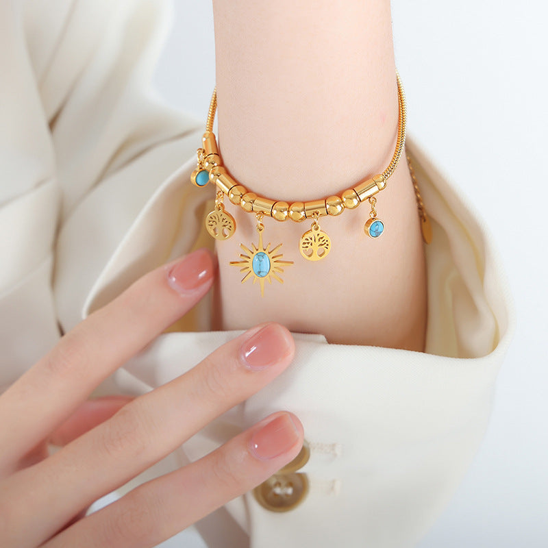 Stainless Steel Sun Tree Pattern Pendant Necklace Bracelet Jewelry Suit