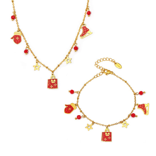 Stainless Steel Christmas Elements Pendant Necklace Bracelet Jewelry Suit