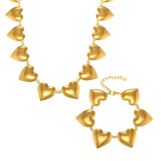Stainless Steel Heart Splicing Chain Necklace Bracelet Jewelry Suit