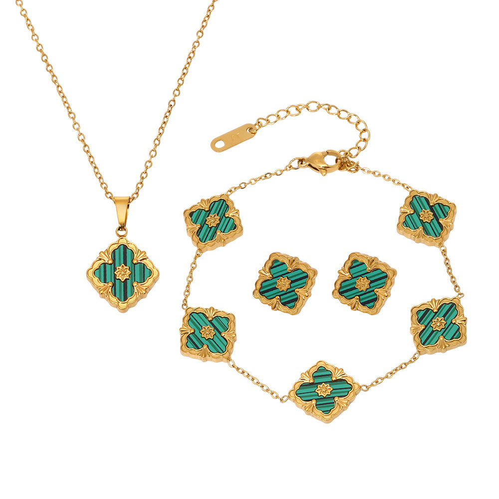 Palace Style Four-leaf Flower Bracelet Necklace Earrings Jewelry Suit
