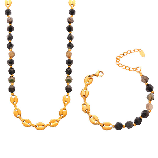 Natural Stone Beaded Spliced Chain Necklace Bracelet Jewelry Suit