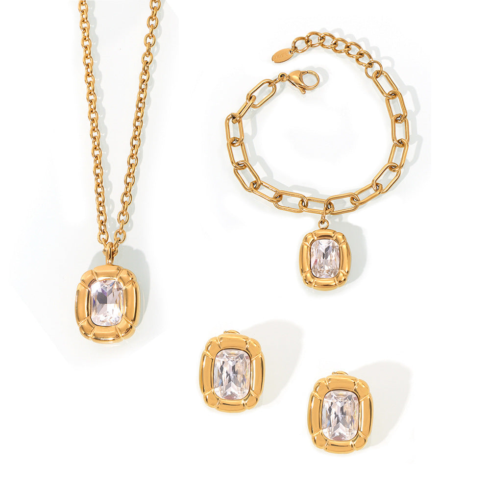 Textured Oval Inlay Cubic Zirconia Necklace Bracelet Earrings Ring Jewelry Suit