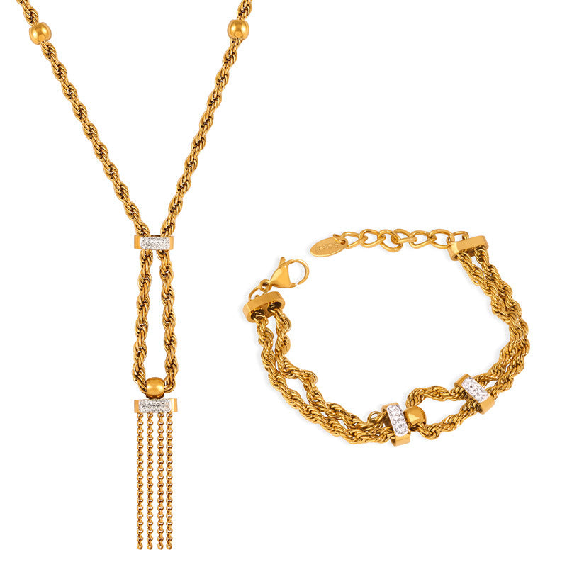 Rope Chain Czech Diamond Tassel Necklace Bracelet Leaf Texture Earrings Jewelry Suit